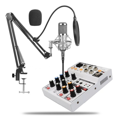 Kit Radio Microfono Condenser Mixer Soporte Streaming Plata