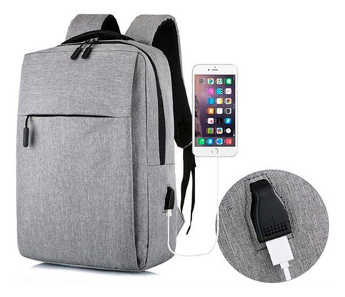 Mochila Anti Robo Impermeable Con Usb Color Gris-claro