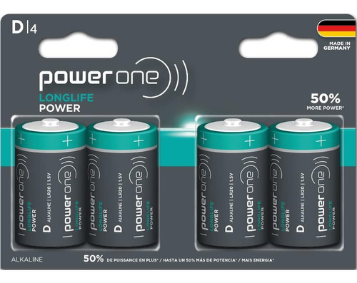 4 Pilas Tipo D. Power One Baterias Alcalinas Larga Duración