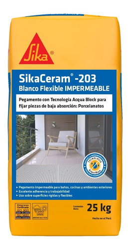 Pegamento Impermeable Sikaceram-203 Blanco Flexible X 25 Kg