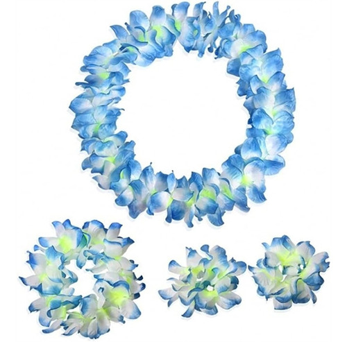 Collares Y Pulseras Tipo Hawaiian Azul De Flores Para Fiesta