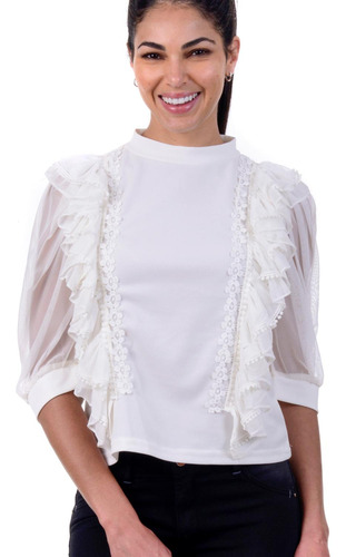 Jo228 Hermosa Y Elegante Blusa Con Escarolas Cuello Mao Mang