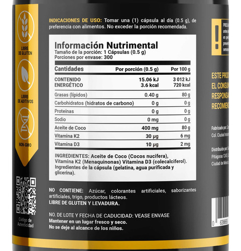 Imagen 4 de 5 de Vitamina D3 400 Ui + K2 300 Cápsulas B Life