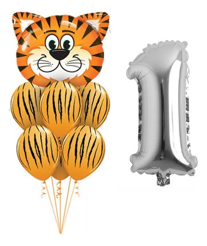 Set 7 Globos Temática Tigre 30 Cm + Número 40cm A Elección 