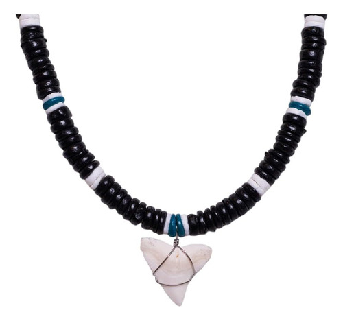 Collar De Cuentas De Concha Y Coco Negro Y Azul Con Dientes 