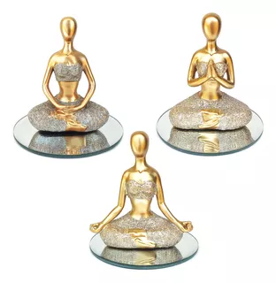 Trio Decorativo Yoga Posição Meditação Resina Base Espelhada
