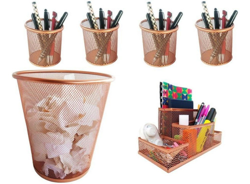 Kit Organizador, Porta Caneta E Lixeira Rose Gold Escritório