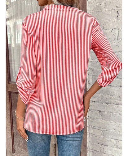 Camisa De Manga Larga A Rayas Con Cuello En V Para Mujer