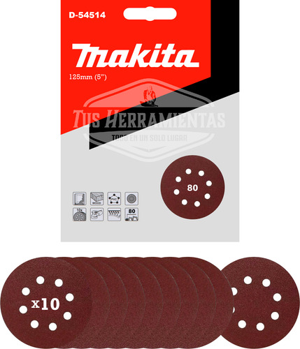 10 Discos Lija Con Velcro 125mm (5 ) Grano 80 Makita D-54514