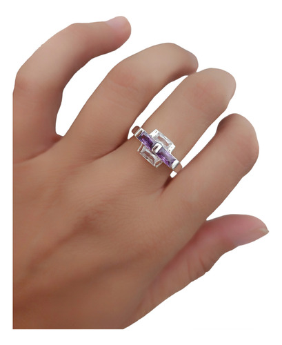 Anillo Plata 925 Cruz Con Piedras Violetas Y Blanca Baguette