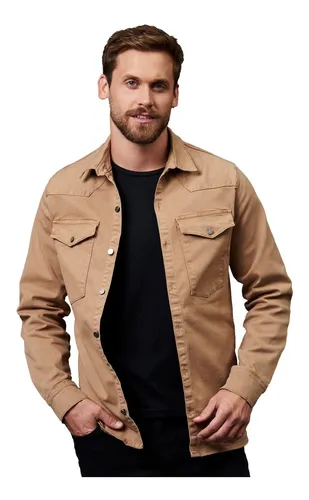 Campera Beige Marron Hombre Jean Gabardina Estilo Camisa