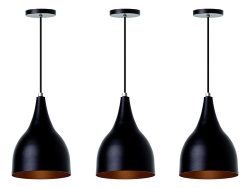Kit 3 Lustre Pendente Interno Balcão Gota Estrutura Preto com Cobre