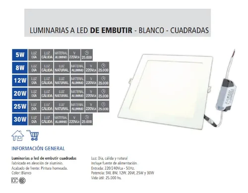 Plafon Panel Led Embutir 20w Cuadrado Luz Fria Calida Neutra