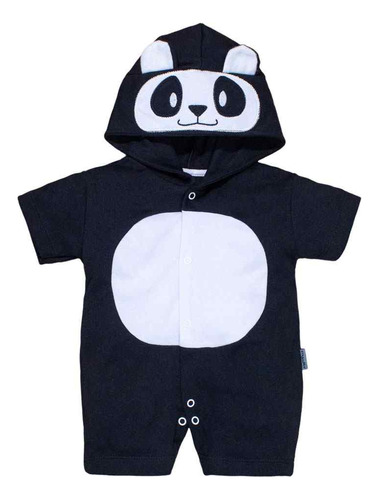 Macacão De Bebê Curto Capuz Bichinhos Bordado Panda Preto