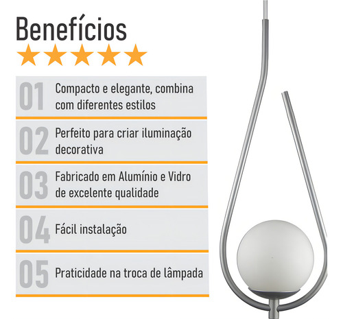 Lustre Pendente On Drop Com Globo De Vidro Estrutura Prata/ Vidro Branco 110v/220v