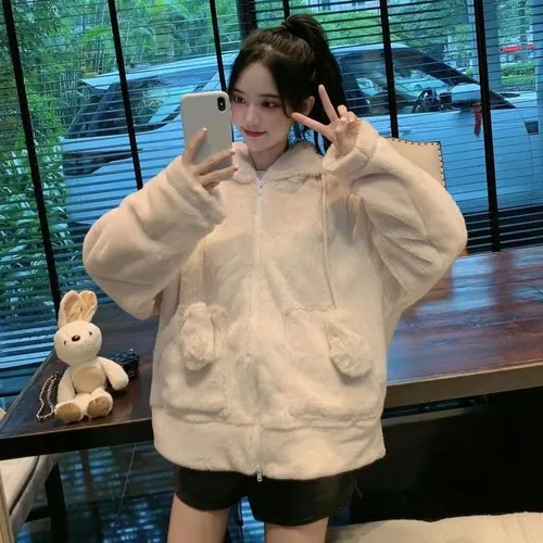 Chaqueta Tipo Sudadera Con Capucha Y Forro Polar Con Orejas De Conejo, Estilo Dulce Para Mujer
