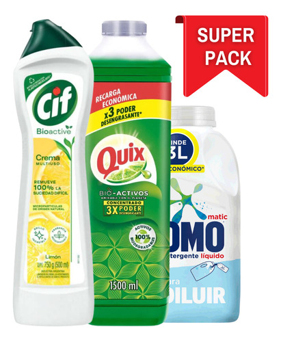 Detergente Liquido Para Diluir Omo + Quix 1500ml + Cif Limón