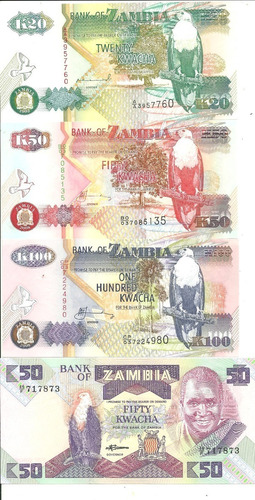 Zambia: 4 Billetes De 20/ 50/ 50 Y 100 Kwacha.1992s/circular