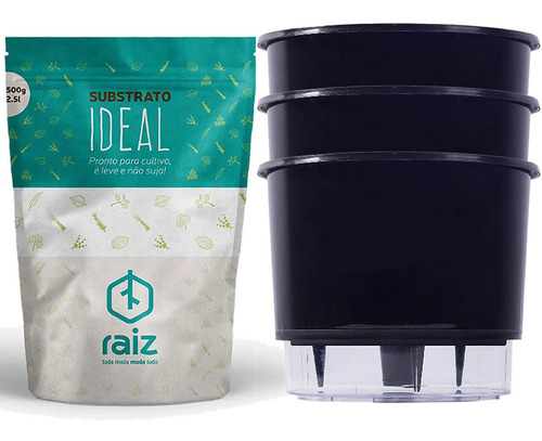 Imagem 1 de 7 de Kit 3 Vaso Raiz N2 12x11 Autoirrigável Preto Substrato 023p