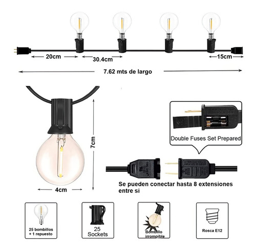 Imagen 3 de 4 de Guirnalda Extensión Luces Led Exterior 7,6m 25 Bombillos