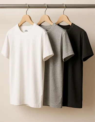 Camisas de manga curta em diferentes cores (branco, cinza e preto) penduradas em cabides