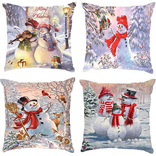 Fundas De Almohada Navideñas Muñeco De Nieve De Invie...