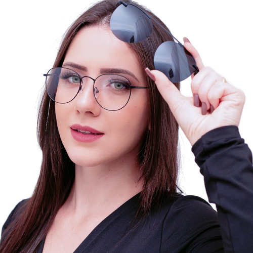 Armação E Óculos Solar P/ Grau Oval Clipon Feminino Mascuino Cor Preto
