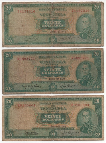 3 Billetes De 20 Bs Enero 1970-74