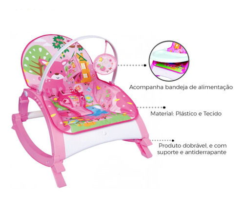 Cadeirinha De Descanso Musical Com Bandeja Alimentação Rosa