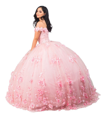 Imagen 2 de 10 de Vestido Largo De Quinceañera Flores 3d Tulle Glitter Encaje