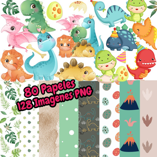 Kit Imagenes Png Dinosaurios Acuarela Y Dino Bebé + Papeles