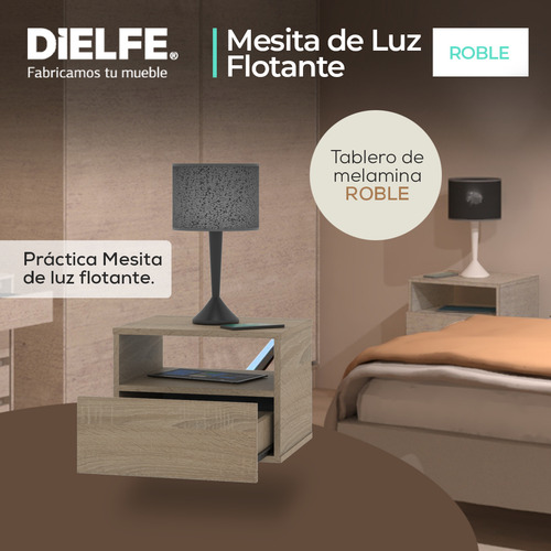 Mesa De Luz Flotante Mesita Con Cajon Y Estante Moderna Dielfe MLF040 Color Roble Bardolino
