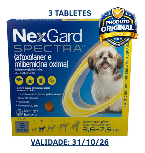 3 Comprimidos antiparasitário para pulga carrapato vermes sarnas Boeringer Ingelhein NexGard Antipulgas Spectra para cão de 3.6kg a 7.5kg