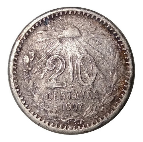 Moneda 20 Centavos 1907 Mexico Resplandor Plata 0.800