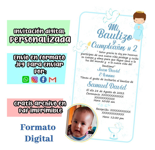 Tarjeta Invitación Digital  Bautizo Niño