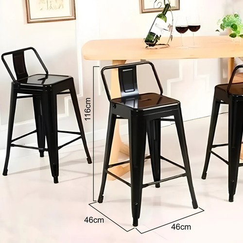 Set 2 Bancos Alto Respaldo Estructura Metálica Cocina Barra Color Negro