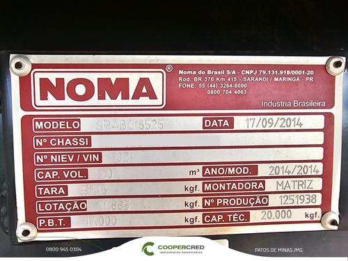 Carreta Bi Caçamba 2014 Noma 20m³+fominha 4 Eixos Lona Fácil