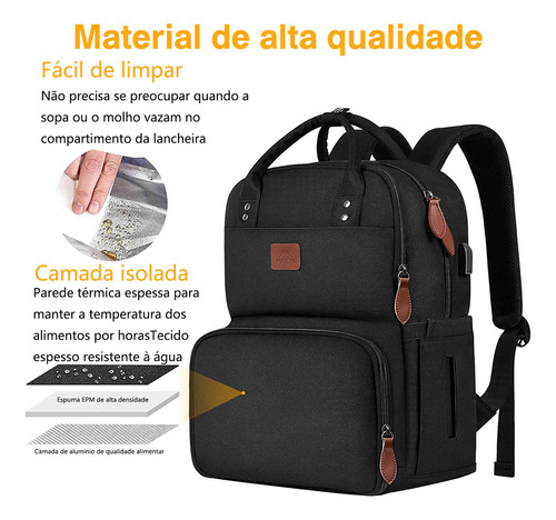 Mochila Térmica com Bolsa Térmica para Almoço Preta de Trabalho Feminina para Notebook de 15,6 Polegadas com Porta USB para Faculdade Praia Acampamento Piqueniques Matein 1162