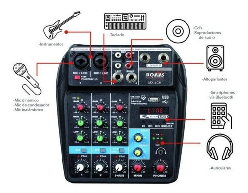 Romms Mx-4ch Mezcladora Pasiva 4 Canales Usb Bluetooth