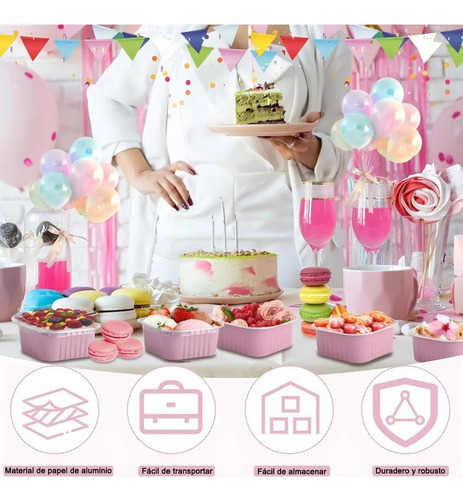 BANNA 50 Molde Para Tarta De Aluminio Desechable Con Tapa+cuchara,5 oz Mini Moldes para Tartas, Moldes Cuadrados de Foil para Tartas de Bodas, Fiestas y Cumpleaños, 9*9*3.5cm,Rosa