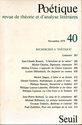 Poetique N 40 Revue De Théorie Et D'analyse Littéraires (0h)