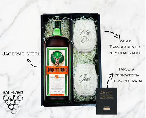 Box Licor Jaggermeister 700ml 2 Vasos Vidrio Grabados Regalo