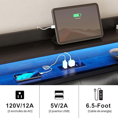 Base Cama King Fabato FAKIN031-BRN Puertos Usb Luces Led Color Negro