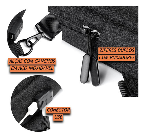 Mochila Transversal Luxo Masculina Para iPad Com Entrada Usb Cor Preto TokShop
