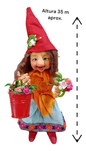 Duendes Articulados, Varias Temáticas, Hecho A Mano Duenda Con Balde Flores