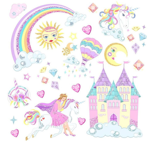 Mendom Happy Unicorn Wall Decal, Rainbow Castle Glitter Wall