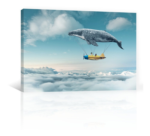 Imagen 10 de 10 de Cuadro Decorativo Niños Canvas Ballena Y Avioneta En Nubes