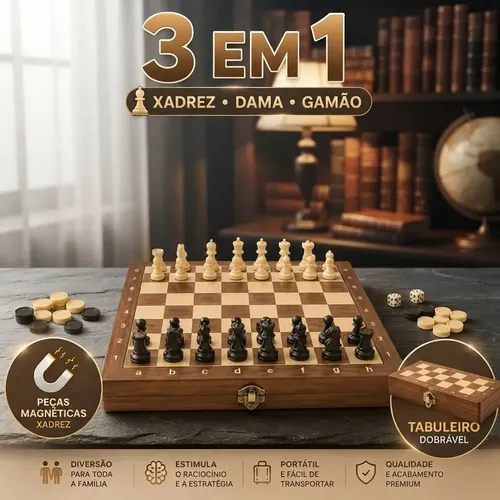 Jogo De Xadrez Tabuleiro Madeira Dama Gamão 3 Em 1 29x29cm