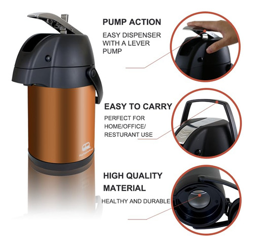 Jarra De Café Aislada Al Vacío, 3l, Bomba, Acero Inoxidable.