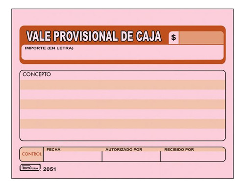 Vale Provisional De Caja Printaform 2051 1/4 Carta 50 H. Ros